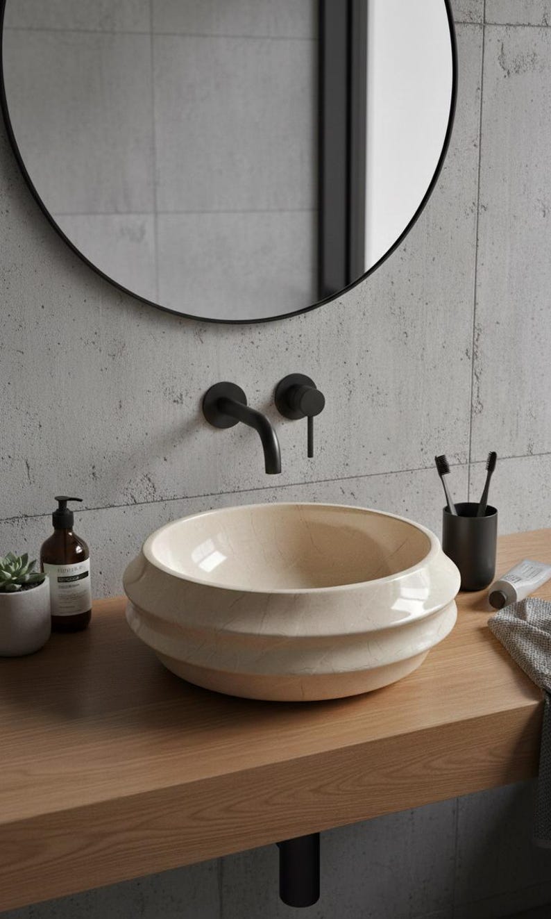 May include: A cream-colored, layered ceramic sink with a black faucet and fixtures. The sink sits on a wooden countertop, with a round black mirror above. A soap dispenser, plant, and toothbrush holder are also visible.