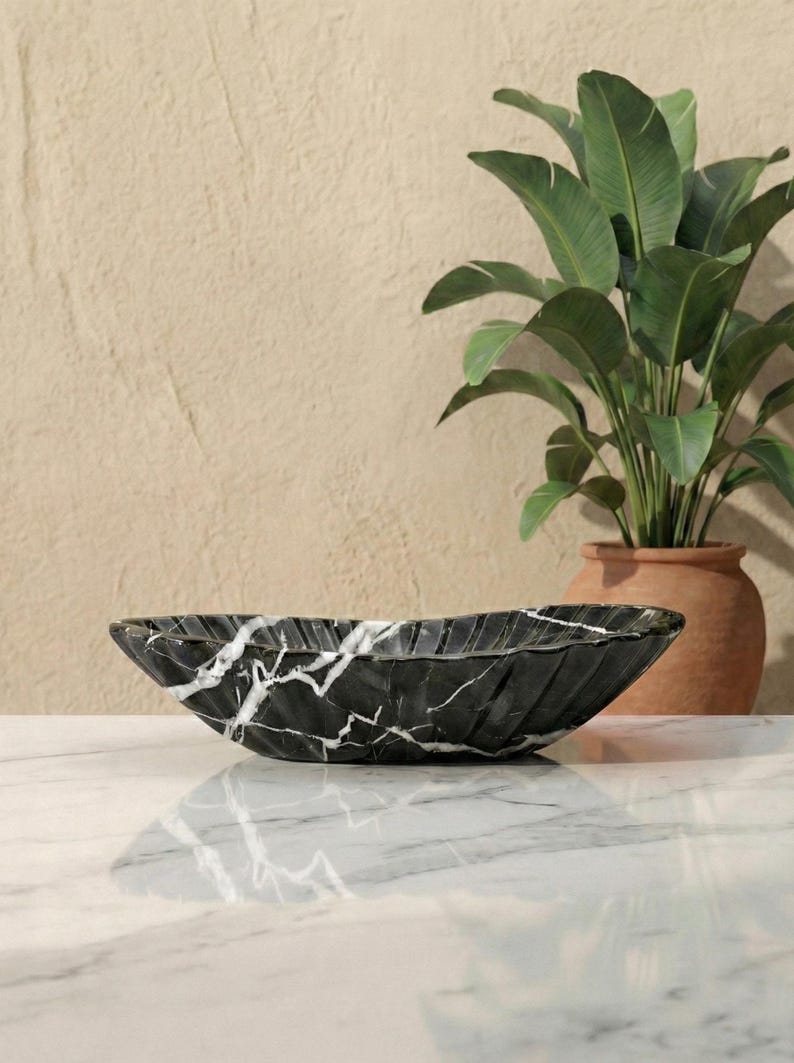 Black Marble Boat Bowl, Handcarved Natural Stone bowl, Decorative bowl Flower Design Table Centerpiece for Dining Table & Kitchen Countertop image 7