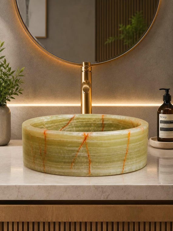 Natural Onyx Round Sink, Handmade Stone Wash Basin, Bathroom Vanity, Luxury Sink, Countertop Vessel Sink, Modern & Minimalist Design