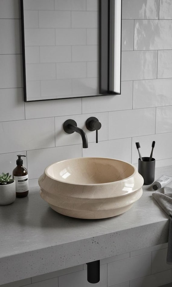 Beige Marble Vessel Sink | Classic Round Stone Bathroom Sink | Hand Carved Natural Marble Wash Basin | Modern Vanity Sink | Countertop Sink