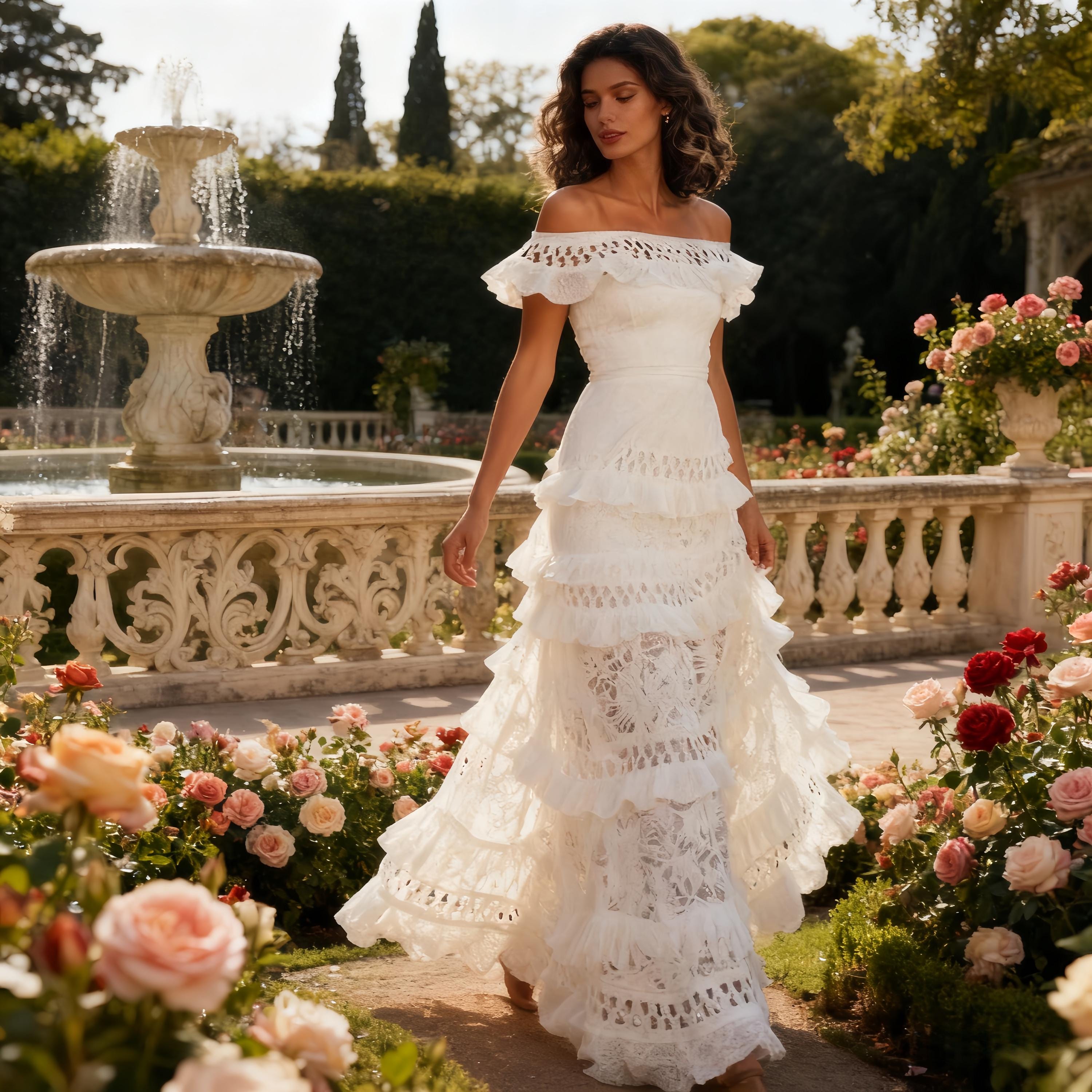 Robe de mariée longue en dentelle épaules dénudées