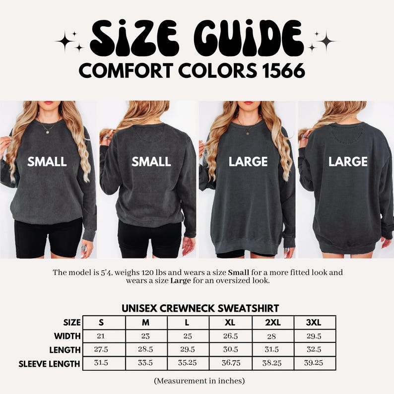 Comfort Colors 1566 Size Guide Unisex Crewneck Sweatshirt, Small to 3XL, Casual Cozy Fit, Perfect for Any Occasion, Easy Care Tops