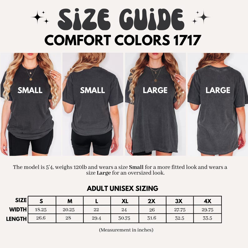 Comfort Colors 1717 Size Guide T-Shirt, Unisex Sizing Chart, Small to 4X, Casual Oversized Fit, Fashion Tee, Apparel Sizing Info, Clothing