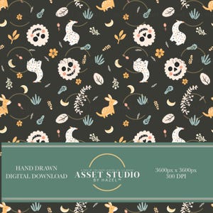 May include: A repeating pattern on a dark background features stylized illustrations of animals, flowers, moons, and leaves in cream, yellow, and blue. The design includes the text "HAND DRAWN DIGITAL DOWNLOAD" and "ASSET STUDIO BY HAZEL".