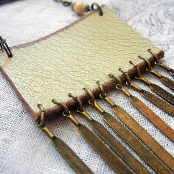 Leather & raw brass fringe necklace - vintage brass sticks and recycled leather on long brass chain - leather fringe necklace.