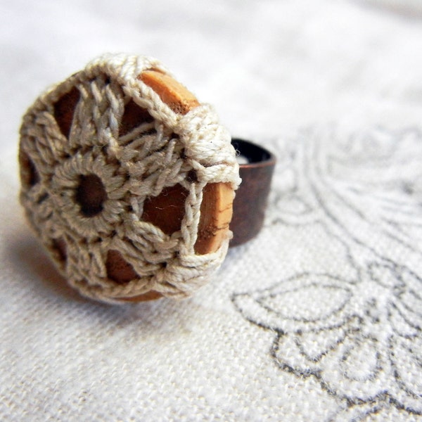 Lace wrapped rings - vintage wood & recycled crochet doily, wooden cocktail statement ring