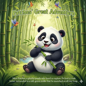 Pode incluir: Ilustração digital de um panda em uma floresta de bambu. O panda, com pelo preto e branco, está comendo bambu. A imagem inclui o texto "Patches' Great Adventure" e outros textos descritivos.