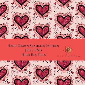 May include: Seamless pattern featuring large red hearts with dark outlines and swirling textures, surrounded by smaller hearts and arrows on a light pink background. The image includes the text "Hand Drawn Seamless Pattern" and "JPG / PNG High Res Files".