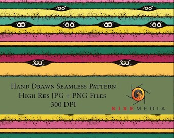 Könnte beinhalten: Ein farbenfrohes nahtloses Muster mit horizontalen Streifen in Gelb, Rosa, Grün und Kastanienbraun, die jeweils eine schwarze augenähnliche Form enthalten. Der Text lautet "HAND DRAWN SEAMLESS PATTERN HIGH RES JPG + PNG FILES 300 DPI".