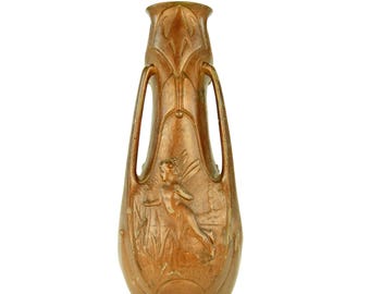 Art nouveau metalen vaas | Antieke Jean Garnier-vaas met feeën
