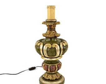 Vintage große Holz Tischlampe | Geschnitzte Bemalte Lampe
