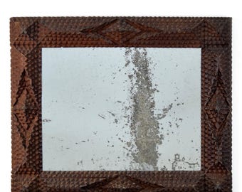 Tramp Art Mirror | Antique Folk Carved Wooden Frame