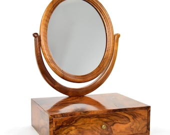 Antique Ladies Mirror | 19th Century Walnut Burl Vanity Mirror with Drawer