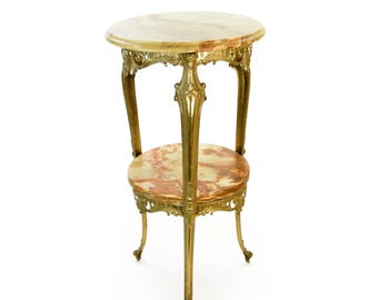 Vintage Onyx Plant Stand | Mid Century Brass Pedestal Side Table