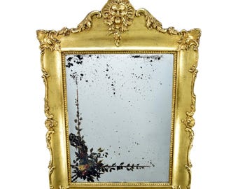 19th Century Gilded Mirror | Large Antique Wall Mirror with Patina & Painted Details