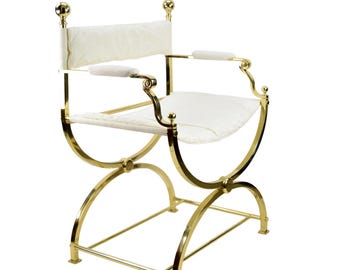 Hollywood Regency Director’s Chair | Vintage 1980s Italian Brass & White Canvas Chair