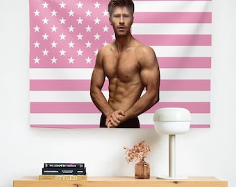 Robert Irwin Pink USA Flag, Hot Guy Aesthetic Tapestry, Wildlife Star Inspired Room Decor, Cute Pink Bedroom Wall Banner for Her