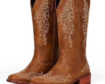 Floral Embroidered Knee High Cowgirl Boots, Western Festival Boots for Women