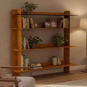 May include: A mustard-colored wooden bookshelf with four shelves, filled with books, potted plants, and decorative items. A floor lamp and side table with a lamp are also visible, creating a cozy reading nook.