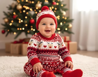 愛らしいクリスマス ベビー ロンパース + 帽子セット | 心地よく、華やかで、とってもキュート!