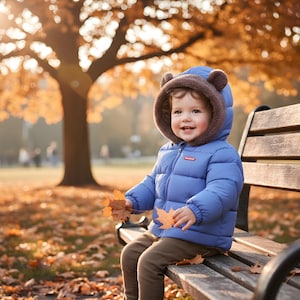 Può includere: Un bambino con un piumino blu con cappuccio con orecchie da orso marroni è seduto su una panchina del parco, tenendo in mano foglie autunnali. La giacca ha una piccola etichetta rossa e bianca. Lo sfondo presenta un albero con foglie dorate.