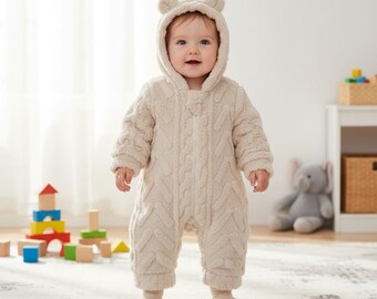 Cozy Teddy Knit Baby Onesie – Winter Warm Hooded Jumpsuit – Fleece Zip Romper