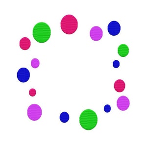 May include: A circle of colorful polka dots in shades of pink, green, blue, and red on a white background.