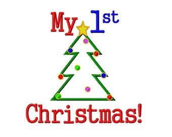 May include: Red text reads "My 1st Christmas!" with a green Christmas tree with a yellow star on top and colorful ornaments.