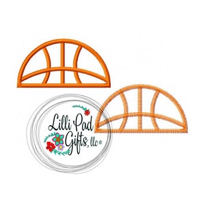 May include: Two orange half-circle basketball designs with stitching detail. The design on the top is a solid fill, while the design on the bottom is an outline. The text "Lilli Pad Gifts, llc" is in a circle with floral accents.