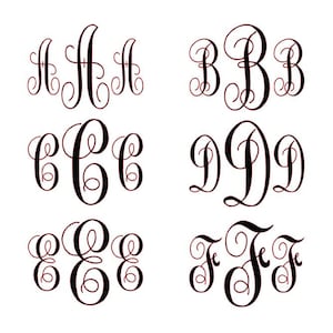 May include: A set of six monogram letters in a cursive font. The letters are A, B, C, D, E, and F. Each letter is repeated three times.