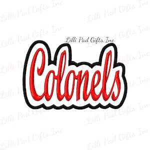 May include: A red "Colonels" script logo with a black outline and white background. The text is in a cursive font. The words "Lilli Pad Gifts, Inc" are in the background.