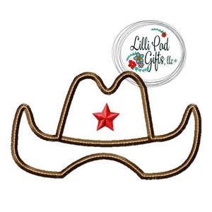 May include: A brown cowboy hat with a red star on the front. The hat is a simple outline design.