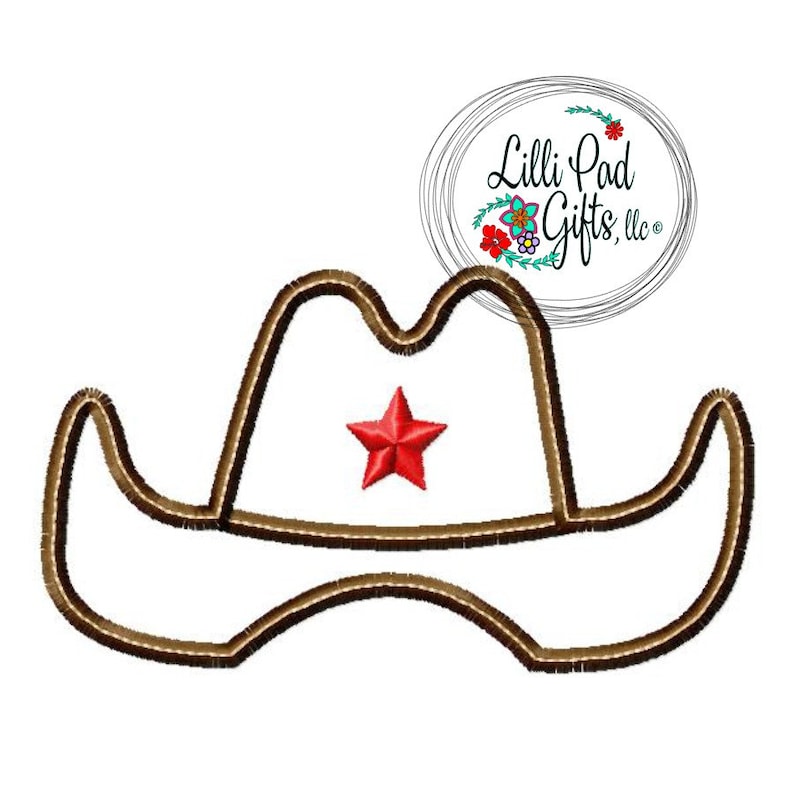 May include: A brown cowboy hat with a red star on the front. The hat is a simple outline design.