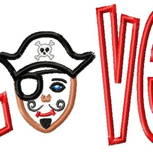 May include: Red embroidered letters spelling "LOVE" with a cartoon pirate face in the center. The pirate is wearing a black and white hat with a skull and crossbones.