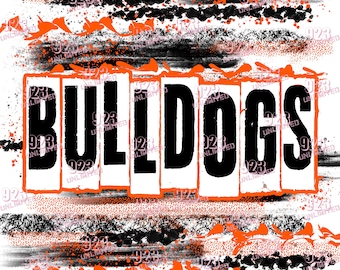 Può includere: Testo "Bulldogs" in bianco e nero con un effetto grunge e usurato. Il testo è su uno sfondo di schizzi e strisce di vernice arancione e nera.