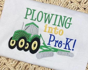 Plowing into Pre-K - Tractor - Applique - Machine Embroidery Design - 4 sizes, school, embroidery applique, instant download