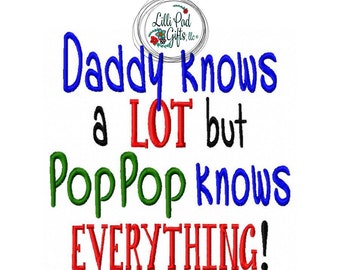 Daddy knows a LOT but Pop Pop knows EVERYTHING  - Machine Embroidery Design - 5 Sizes, daddy, grandpa, pop pop