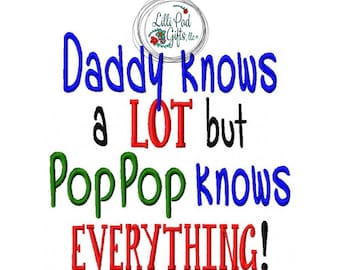 May include: Embroidered design with the text "Daddy knows a LOT but Pop Pop knows EVERYTHING!" in blue, red, green, and black lettering.