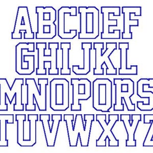 May include: A set of uppercase letters in a bold, blocky font style. The letters are outlined in blue and are set against a white background.