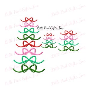 May include: A collection of embroidered bow designs in red, pink, and green. The bows are arranged in stacks and rows, with varying sizes. The text "Lilli Pad Gifts, Inc" is visible in the background.