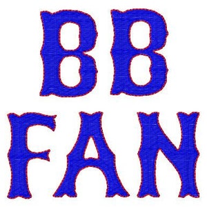 May include: Blue and red embroidered letters spelling "BB FAN" on a white background.