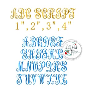 ABC Script - BX - Machine Embroidery Font - Sizes 1&quot;,2&quot;,3&quot;,4&quot; BUY 2 get 1 Free, abc embroidery font, script, lillipadgifts