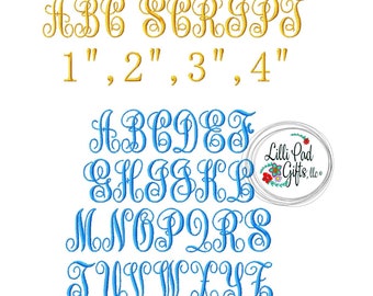 ABC Script - BX - Machine Embroidery Font - Sizes 1",2",3",4" BUY 2 get 1 Free, abc embroidery font, script, lillipadgifts