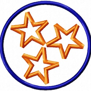 May include: A blue circle with three orange stars inside. The stars are arranged in a triangular pattern.