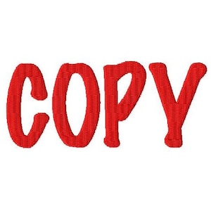 Puede incluir: Texto bordado en rojo que dice "COPY" en un estilo informal y manuscrito.