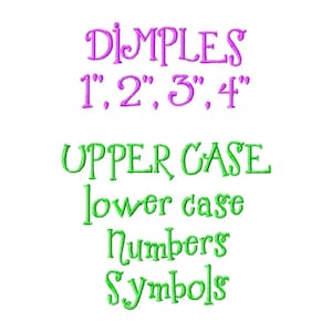 May include: A graphic design image showing the text "DIMPLES" in purple, followed by the text "1", "2", "3", "4" in purple with quotation marks. The text "UPPER CASE" is in green, followed by the text "lower case", "Numbers", and "Symbols" in green.
