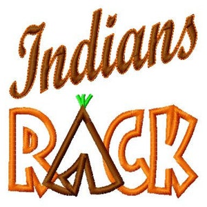May include: Embroidered design featuring the text "Indians" in brown and "RACK" in orange with a brown teepee in the center.
