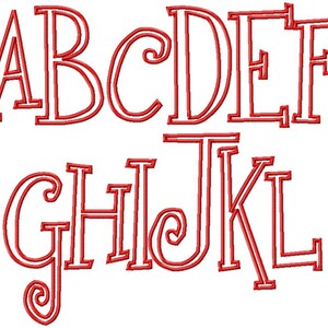 May include: Red outlined alphabet letters A through L with decorative flourishes. The letters are in a vintage style font.