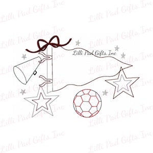 May include: An embroidery design featuring a pennant flag with a dark red bow, a megaphone, a soccer ball, and several stars. The text Lilli Pad Gifts, Inc is visible in the center. The design uses dark red and gray outlines on a white background.