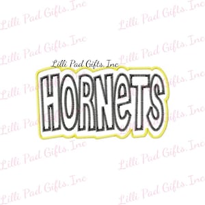 May include: A yellow outlined black and white embroidered patch with the word "HORNETS" in a stylised font.